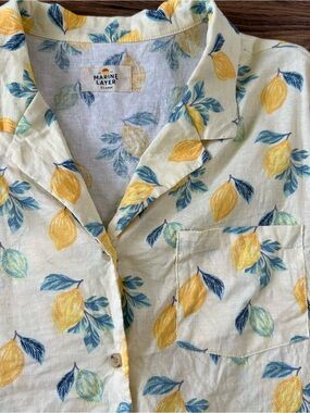 Marine Layer Lucy Resort Shirt Yellow Lemon Print Button Front Hemp Blend XL EUC